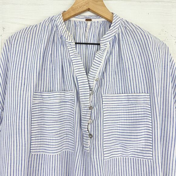 Free People For Keeps Oversized Tunic Top XS Blue Striped Linen Coastal Boho - Picture 3 of 16